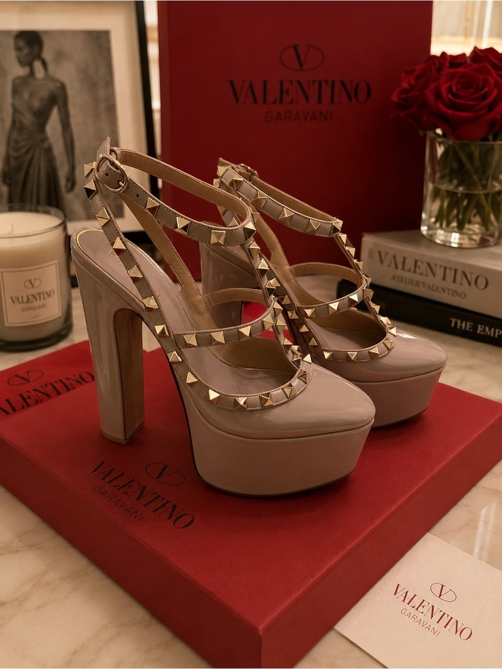 Valentino Garavani Beige Patent Rockstud Platform Sandals